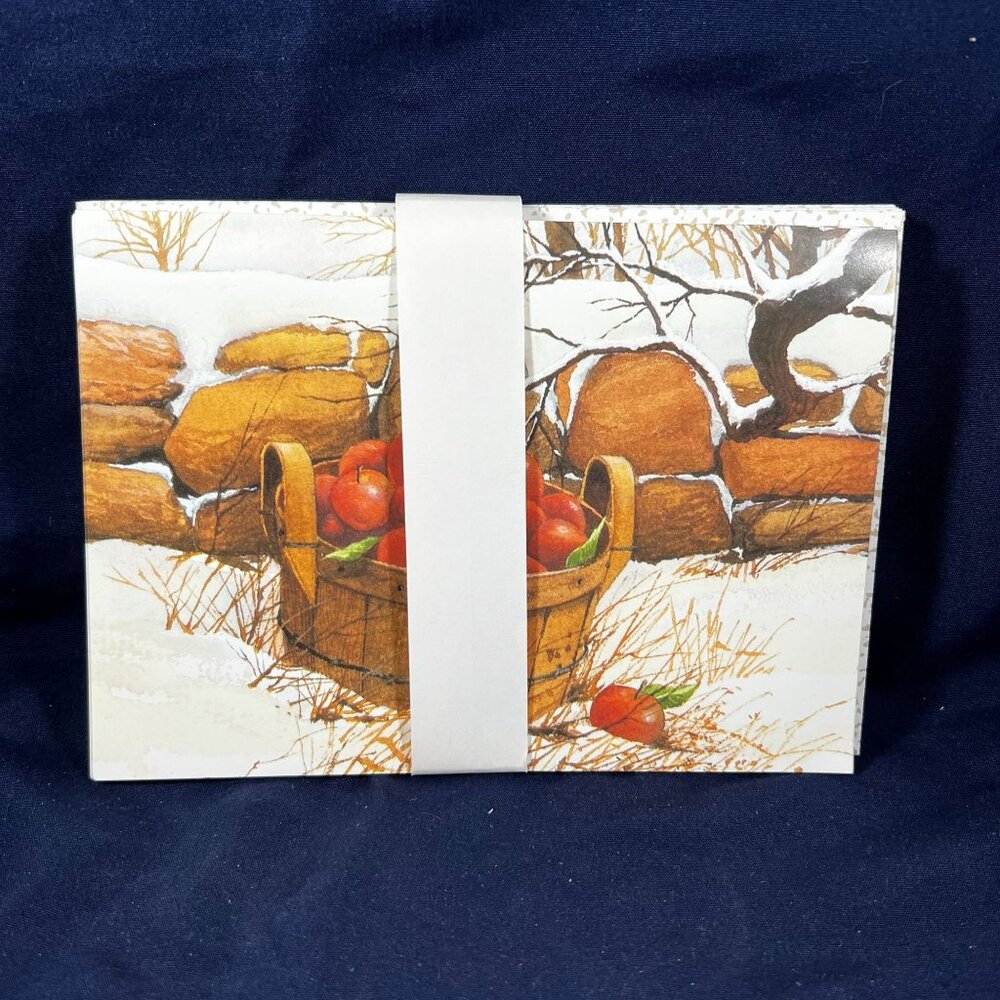 Set Of 8 Paper Magic Christmas Cards W/ Basket Of Apples Snowy Scene & Holiday G